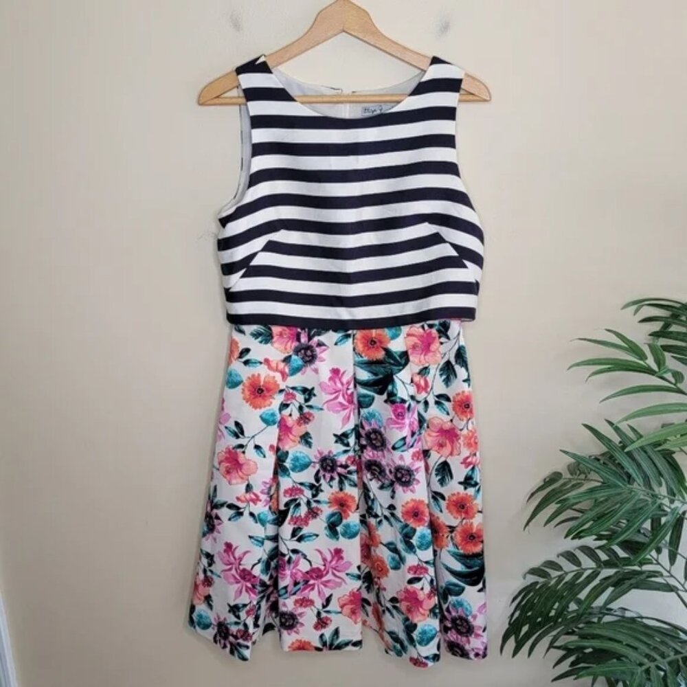 Eliza J Mixed Print Stripes & Floral Pleated A-line Dress Size 8